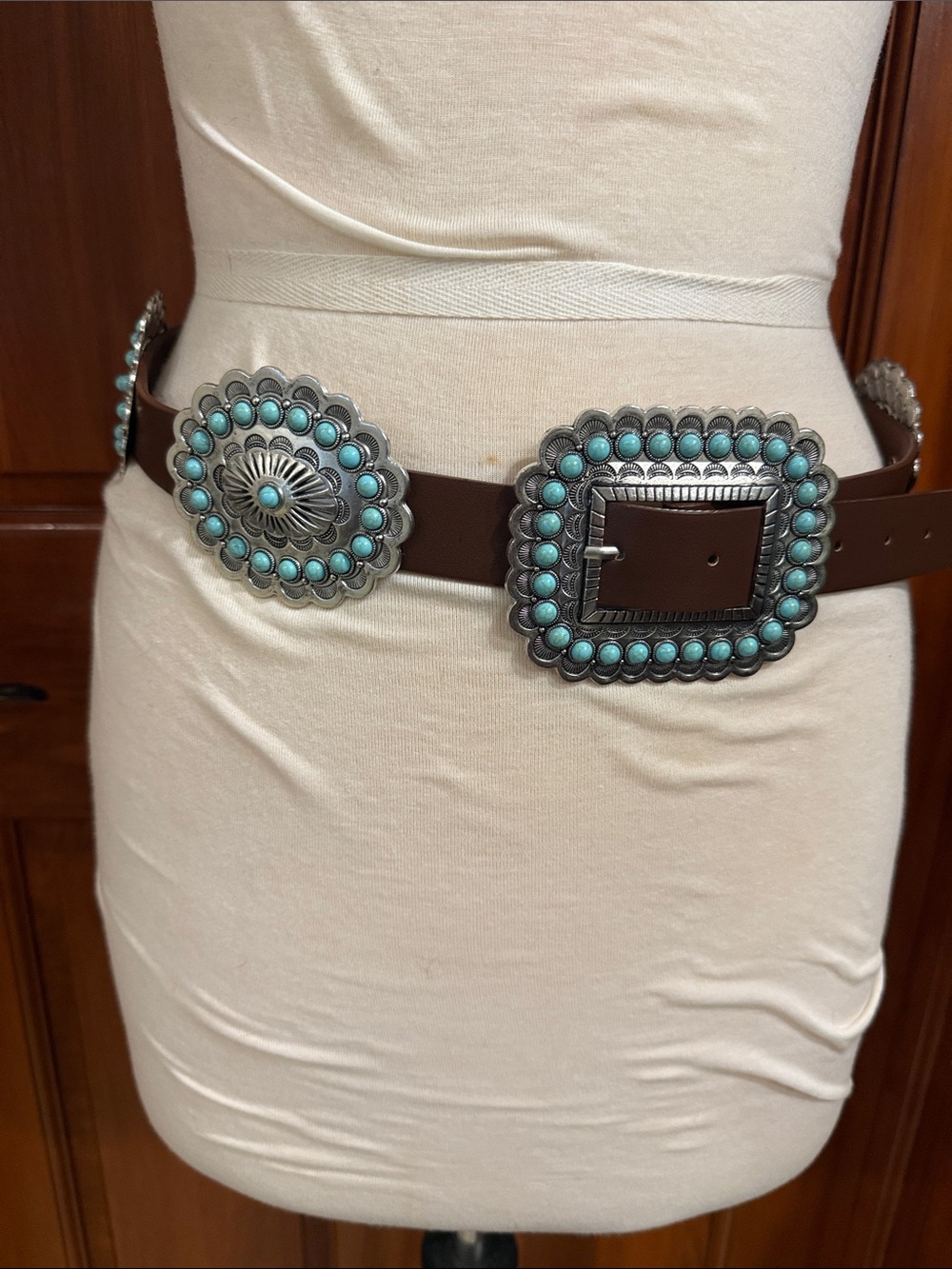 Brown Leather Concho Belt with Turquoise-Accent Medallions